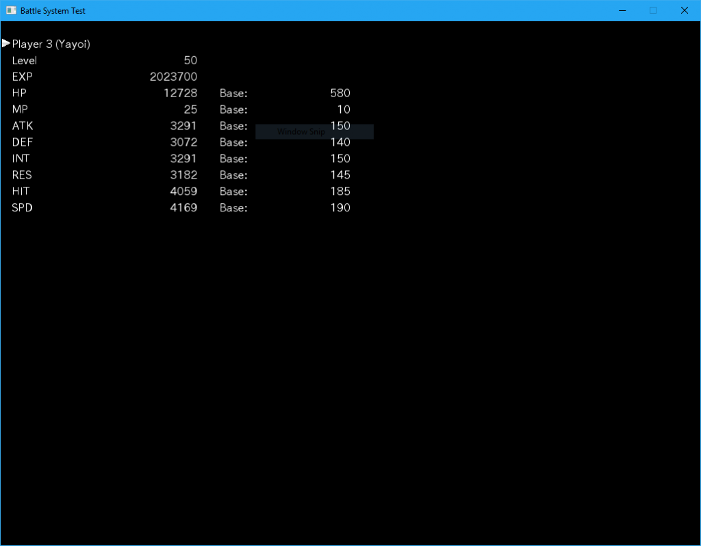 Battle System Test stat modifier screen